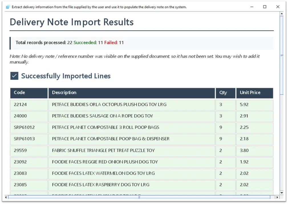 ProEPOS — delivery note import results