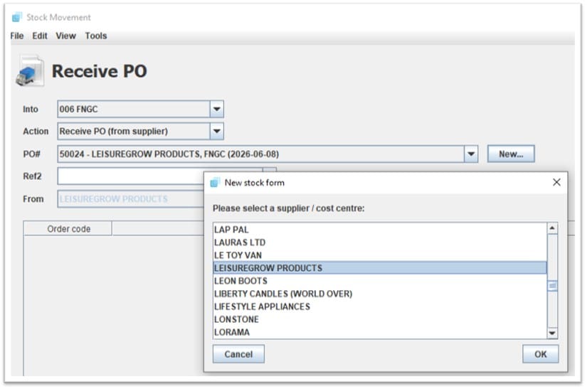 ProEPOS — create a delivery note (Receive PO)