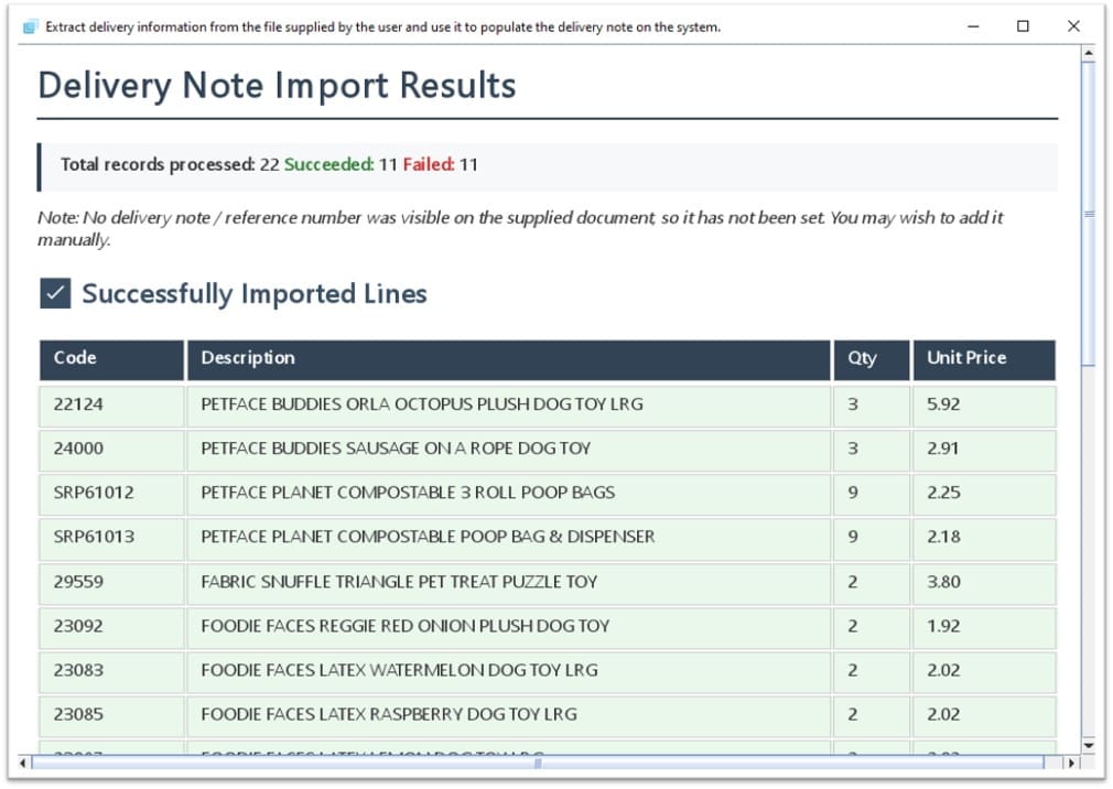 ProEPOS — delivery note import results